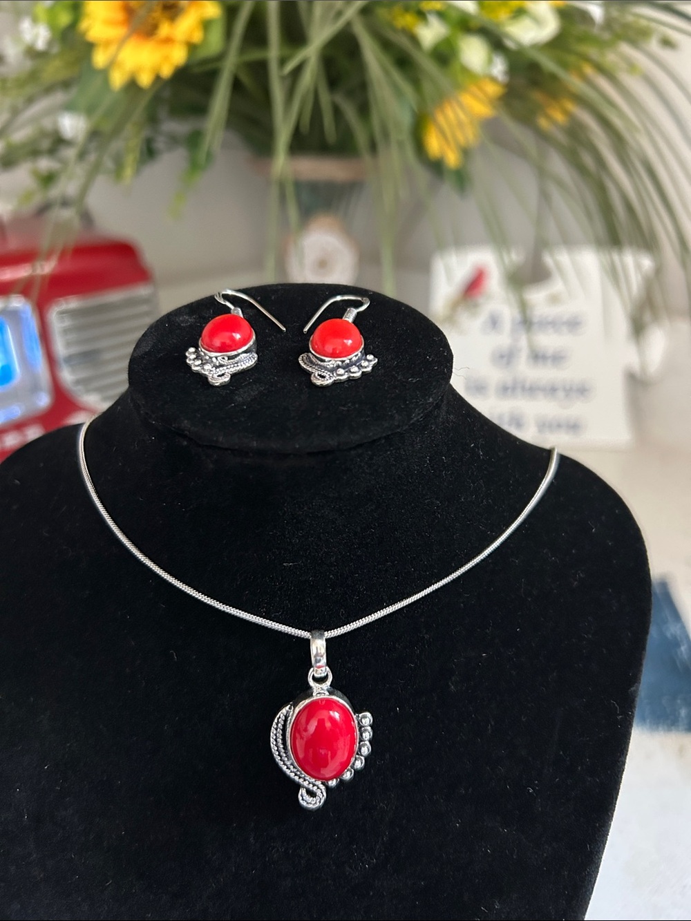 Sterling Silver Coral Gemstone Necklace & Earrings Set